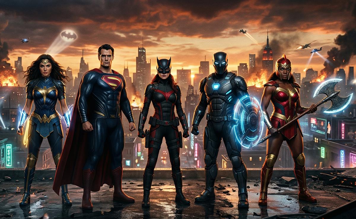 Supereroi in posa davanti a una città in fiamme al