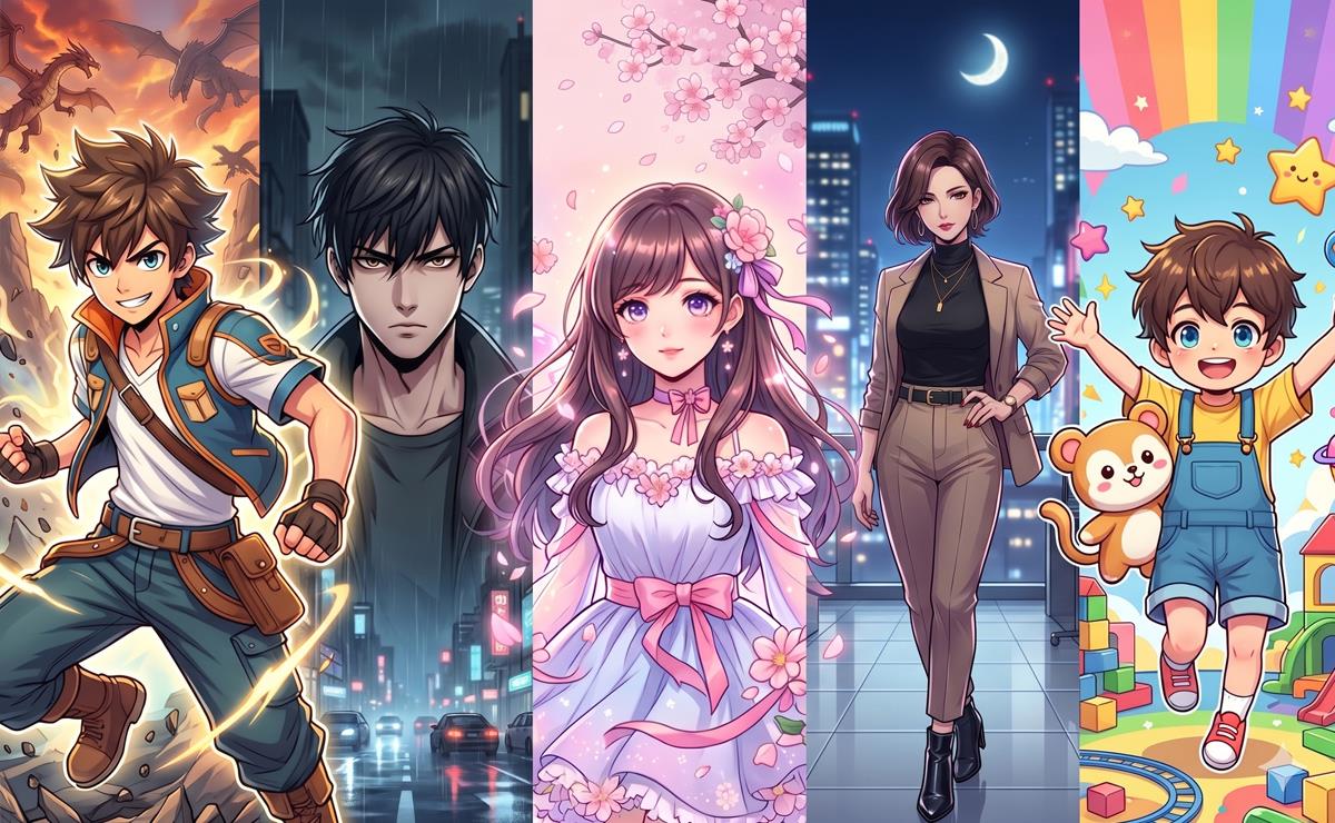 Illustrazione in stile anime con cinque personaggi