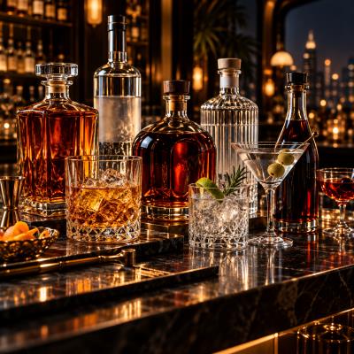 Bicchieri di superalcolici, distillati come whisky, vodka, rum e gin